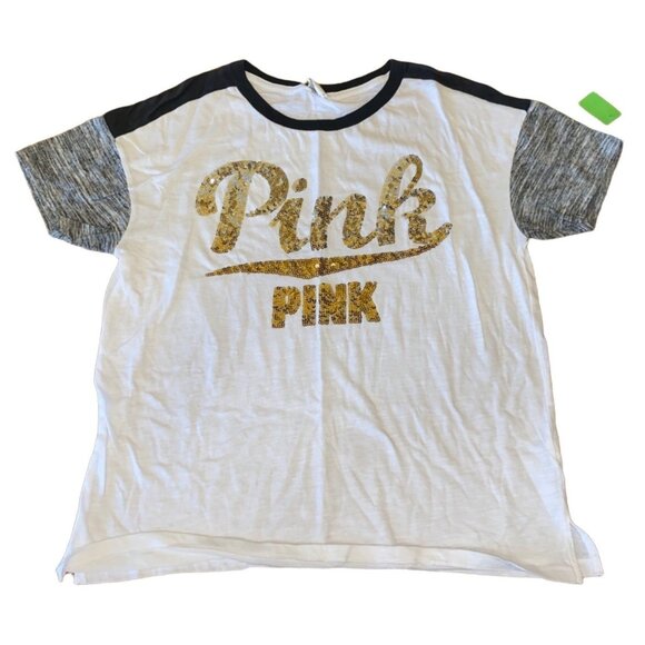 Victorias Secret Pink White & Gray Short Sleeve Glitter Logo T-Shirt SP Cotton B - Picture 1 of 5